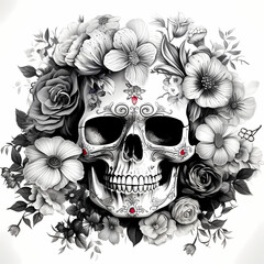 Wall Mural - Decorative skull in tattoo illustration. Hand drawn black ink watercolor isolated on white background. Floral pattern of plants with flowers in retro vintage style design for T-shirt.