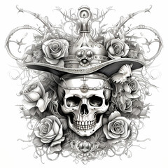 Wall Mural - Pirate Man skull, tribal tattoo. Hand drawn black ink illustration isolated on white background. Floral pattern of plants with flowers in retro vintage style design