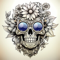 Decorative skull with sunglasses in tattoo illustration. Hand drawn black ink watercolor isolated on white background. Floral pattern of plants with flowers in retro vintage style design for T-shirt.