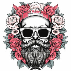 Decorative skull with sunglasses in tattoo illustration. Hand drawn colorful ink watercolor isolated on white background. Floral pattern of plants with flowers in retro vintage style design for