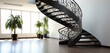 A modern minimalist spiral staircase, combining dark wood treads with simple yet elegant ironwork on the sides.