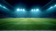professional empty football stadium at night illuminated by powerful modern floodlights