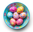 Colored Easter eggs on a retro blue plate on a white background. Handmade, painted. Spring and Easter background for social networks and websites.