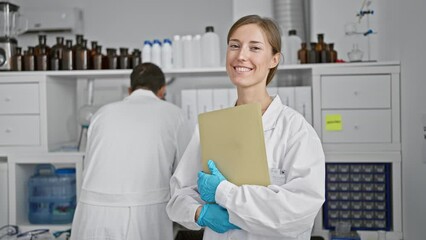 Wall Mural - Two smiling scientists standing, arms crossed, reading experiment document together in the laboratory