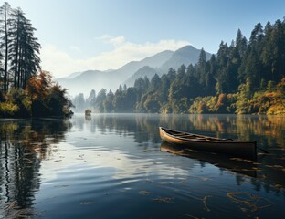Wall Mural - A tranquil journey through the stunning autumn landscape as a boat glides peacefully on the reflective surface of the lake, surrounded by majestic trees and distant mountains