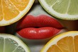 A tantalizing array of zesty citrus fruits adorns a woman's lips, showcasing the vibrant and nourishing power of nature's bounty