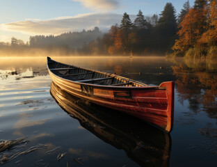 Wall Mural - A solitary boat glides through the serene mist of a foggy lake, surrounded by vibrant autumn trees and reflecting the pastel hues of a breathtaking sunrise