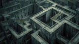 Fototapeta  - Dark old concrete walls maze, vintage endless labyrinth, grungy grey surreal building. Concept of puzzle, problem, uncertainty, background, illustration, pattern, travel