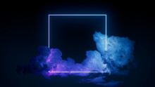 Blue And Purple Neon Light With Cloud Formation. Square Shaped Fluorescent Frame In Dark Environment.
