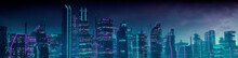 Sci-fi Cityscape With Purple And Cyan Neon Lights. Night Scene With Visionary Architecture.