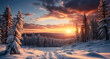 Winter landscape with pine forest covered with snow and scenic sky at sunset. Generative ai