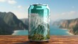 green can of cola with ice and lemon on the ocean background. Generative AI