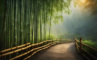 Wall Mural - Bamboo art template, with foggy background, oriental style