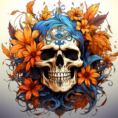 Wall Mural - Decorative skull in tribal tattoo. Hand drawn colorful and black illustration isolated on colored background. Floral pattern of plants