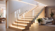 A sleek, light-colored wooden staircase with glass balustrades, softly lit by LED strips under the handrails, in a bright, contemporary living space.