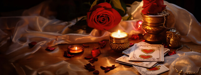 Romantic And Mysterious Banner With Copy Space Showing Tarot Cards, Ornate Candles, Red Roses and Jewelry. Concept Of Love Fortune Telling For The Valentine's Day.