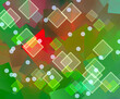 Geometryczna mozaika rozsypanych kwadratów dużych i małych w  barwach zieleni i czerwieni z delikatnym efektem bokeh. Abstrakcyjne tło, tekstura 