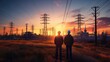 Power Industry Team: engineers surveying a power tower and substation at sunset, symbolizing dedication and progress
