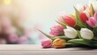 spring flowers bunch bouquet of tulips on wooden table with bokeh background copy space