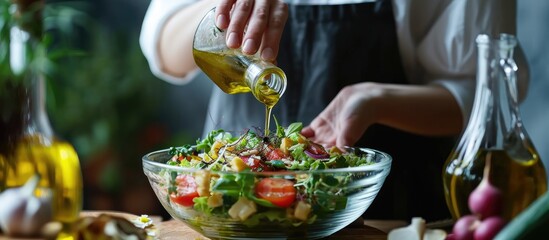 Wall Mural - woman adding olive oil to her healthy salad. copy space image. place for adding text