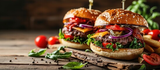 Wall Mural - Two delicious homemade burgers with beef cheese and vegetables on white wooden table. Copy space image. Place for adding text