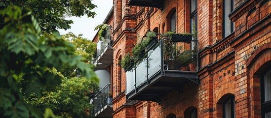 Poster - Small clean cozy glass balcony with windows city apartment red brick wall building. Copy space image. Place for adding text