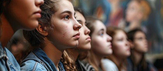 Wall Mural - Teenage Students Listening To Teacher In Art Class. Copy space image. Place for adding text