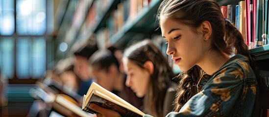 Wall Mural - Teenage Students In Library Reading Books With Tutor. Copy space image. Place for adding text