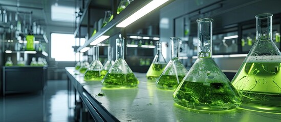 Wall Mural - Photobioreactor in laboratory of algae fuel biofuel industry project Algae research in industrial laboratories for medicine. Copy space image. Place for adding text