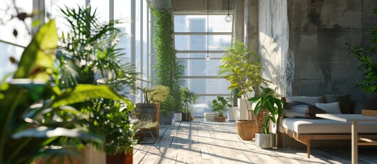 Poster - Small clean cozy balcony with windows in tiny city apartment with plants. Copy space image. Place for adding text