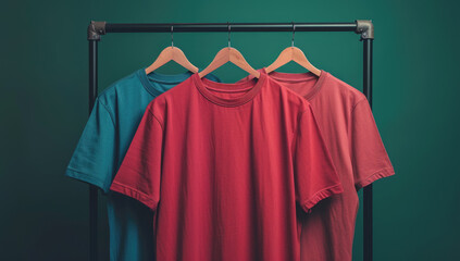 Wall Mural - plain t-shirts of different colors hang on a hanger