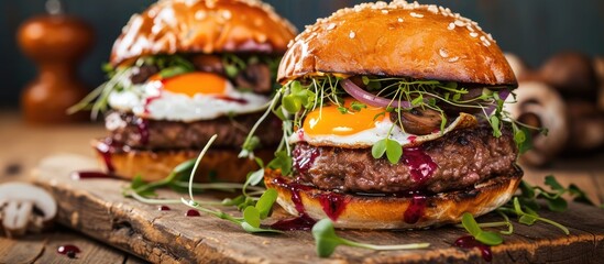 Wall Mural - Two homemade beef burgers with mushrooms micro greens red onion fried eggs and beet sauce on wooden cutting board Side view close up. Copy space image. Place for adding text