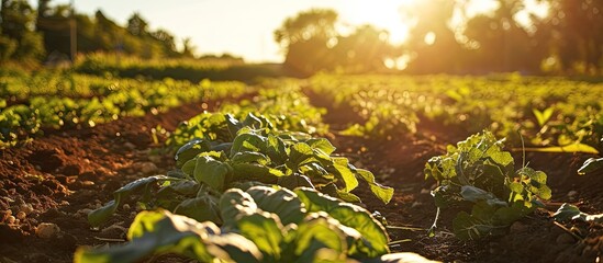 Canvas Print - Potato plantations are grow on the field on a sunny day Growing organic vegetables in the field Vegetable rows Agriculture Farming Selective focus. Copy space image. Place for adding text