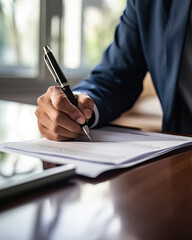 Businessman in a Black Suit Writing Important Notes on a White Paper