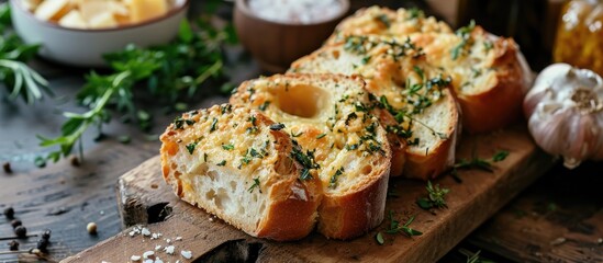 Wall Mural - Tasty bread with garlic cheese and herbs on kitchen table. Copy space image. Place for adding text