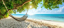 Tropical Beach Panorama As Summer Landscape With Beach Swing Or Hammock And White Sand And Calm Sea For Beach Banner Perfect Beach Scene Vacation And Summer Holiday Concept Boost Up Color Proce