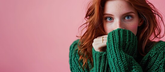 Young redhead woman hiding face in neck of warm green sweater looking at camera on pink backdrop. Copy space image. Place for adding text