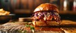 Pulled bbq chicken sandwich on a brioche bun served with cole slaw and bbq sauce. Copy space image. Place for adding text