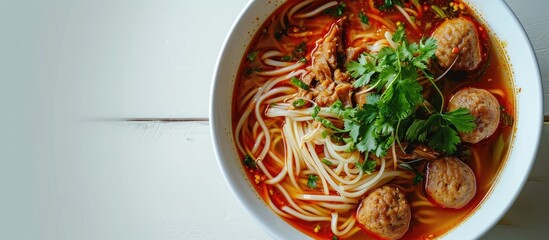 Poster - Rice vermicelli Noodle soup with pork balls in white bowl Top view. Copy space image. Place for adding text