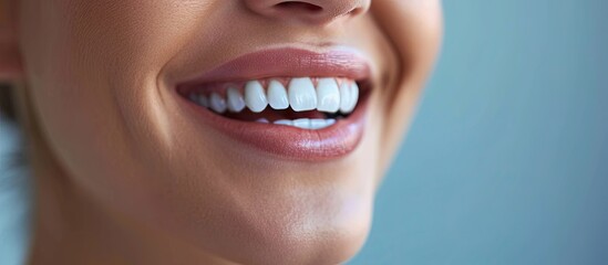 Poster - Perfect healthy teeth smile of a young woman Teeth whitening Dental clinic patient Image symbolizes oral care dentistry stomatology. Copy space image. Place for adding text