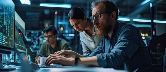 Portrait of Two Creative Young Female and Male Engineers Using Laptop Computer to Analyze and Discuss How to Proceed with the Artificial Intelligence Software Standing in High Tech Research Off
