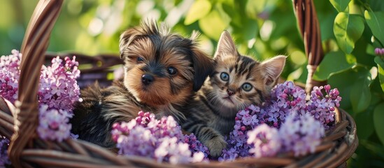 Wall Mural - Yorkshire terrier puppy and tiny kitten sit together inside basket between lilacs flowers. Copy space image. Place for adding text