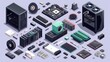 Isometric disassembled computer case with components