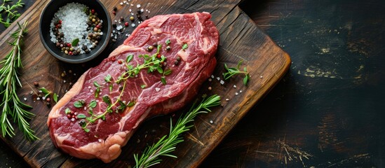 Raw fresh Chuck roll steak with herbs and salt on a cutting Board top view. Copy space image. Place for adding text