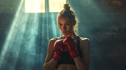 Wall Mural - Female boxer with a determined stare, red boxing gloves on. Concept of boxing, strength, female empowerment in sports, and athletic focus.