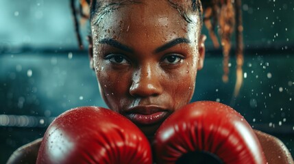 Wall Mural - African American confident female boxer with red boxing gloves in boxing ring. Close up. Concept of female strength, combat training, and athletic discipline.