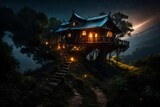 Fototapeta Do pokoju - Nightfall at a tree house on top of a majestically beautiful hill, with fireflies creating a mesmerizing light show around the wooden sanctuary.