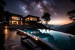 Nightfall at a villa on top of a majestically beautiful hill, where starlit skies and the property's ambient lighting create a dreamlike ambiance.