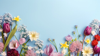 Wall Mural - spring flowers on a blue background, top view with copy space