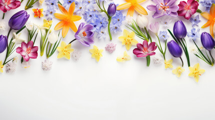 Wall Mural - spring flowers on white background top view  with copy space.